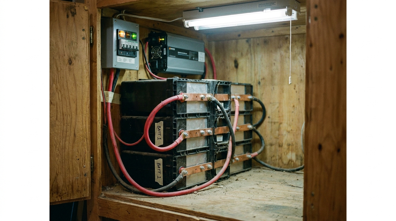 A residential off-grid living battery bank in a wooden enclosure — stacked lithium iron phosphate units, neat copper busbars, and an inverter status panel above.