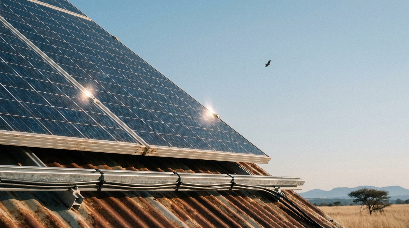 A close section of monocrystalline solar panels on a rusted corrugated-iron rural roof at golden hour — the central energy system in serious off-grid living.