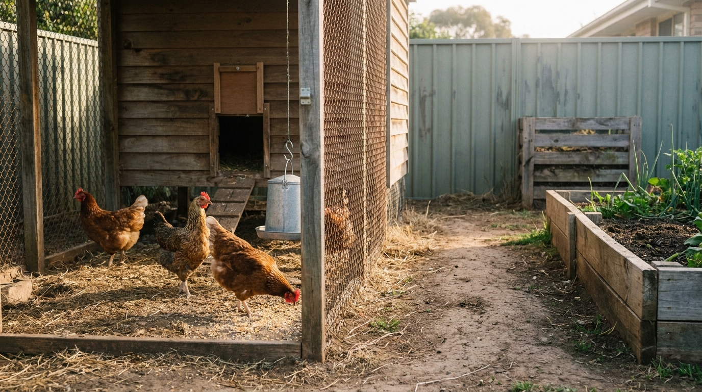 A productive homestead in a suburban backyard at late afternoon — a weathered timber-and-mesh chicken coop with a few hens in the run, a worn footpath leading toward a raised vegetable bed.