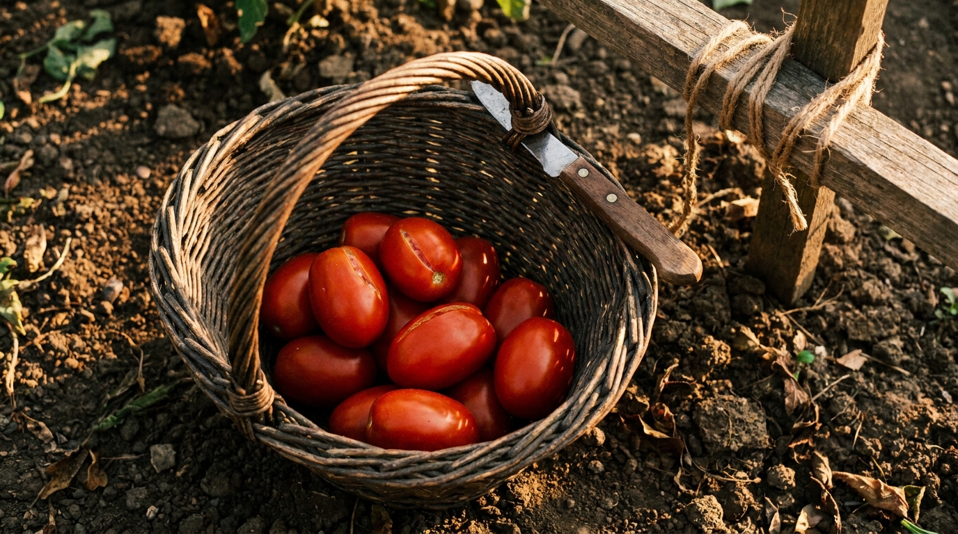 A wicker basket on dark soil at the foot of a productive homestead's raised bed, half-filled with freshly-picked Roma tomatoes and a wooden-handled pruning knife.
